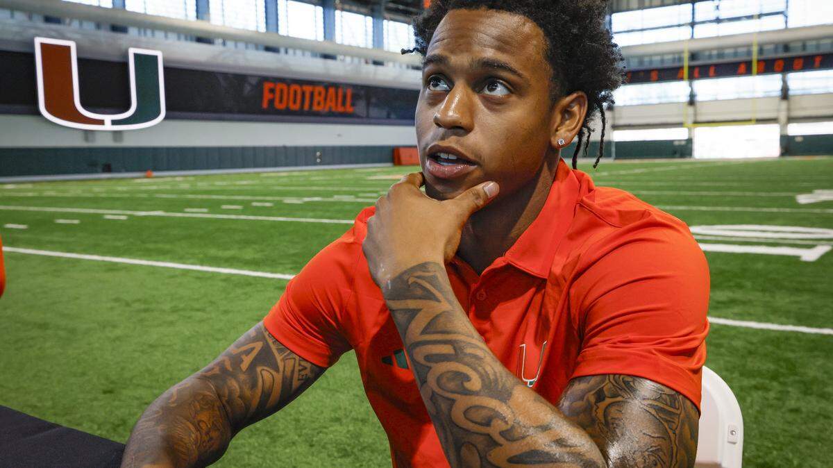 Miami Hurricanes wide receiver Keelan Marion speaks to reporters during Media Day at the Carol Soffer Indoor Practice Facility in Coral Gables, Florida, on Wednesday, July 30, 2025. 