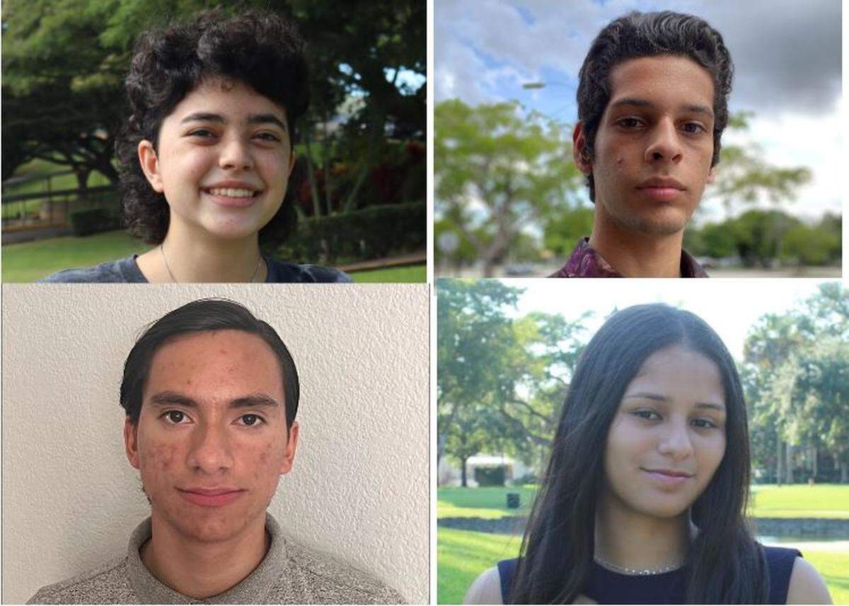 Clockwise from top left: Charlize Gaudiello, Anthony Vidal, Sofia Palomino and Eric Parilla were high school student participants in a Youthcast Media Group reporting workshop on the impacts of climate change.