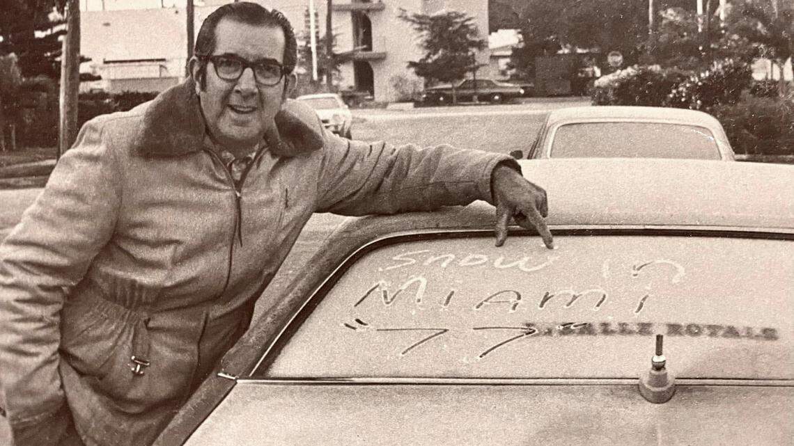 Will it snow in Miami this weekend? My father, Roberto Diaz, draws the headline, Snow in Miami "77,” on the rear frost-covered windshield of my Plymouth Duster parked in front of my childhood home, just west of the Orange Bowl at 7th Street N.W. 20th Court. Photographed by Al Diaz