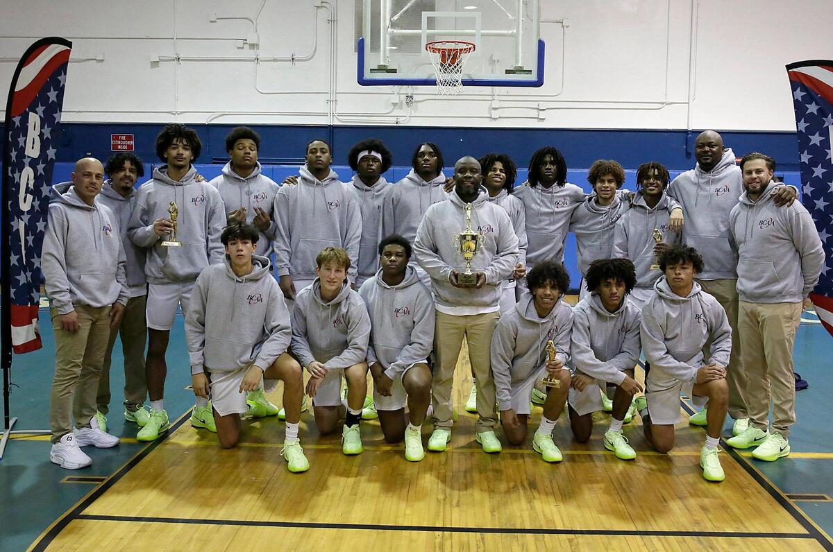 St. Thomas Aquinas Raiders pose for the picture after winning 2025 BCAA Big 8 Boy’s Basketball Championship against Chaminade-Madonna Lions on Saturday, February 01, 2025 at Fort Lauderdale HS in Fort Lauderdale. Andrew Uloza / for Miami Herald
