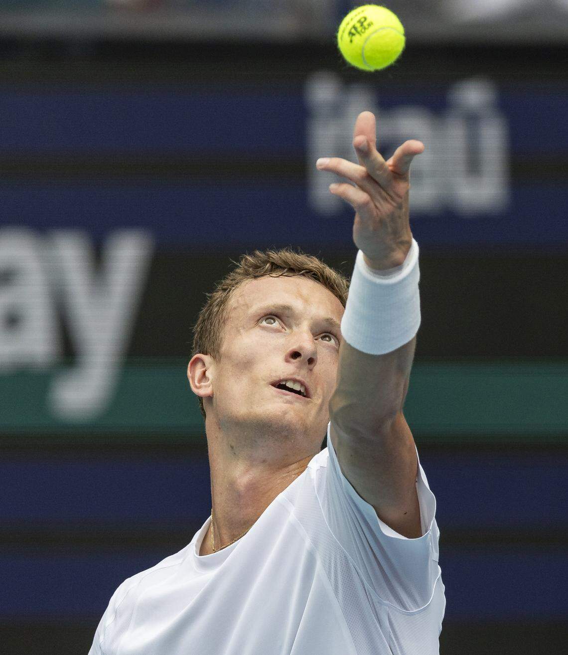 Jiri Lehecka of Czechia serves against Jannik Sinner of Italy in their men's final singles match at the Miami Open tennis tournament on Sunday, March 29, 2026, in Miami Gardens, Fla.