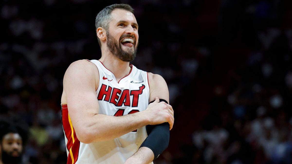 Miami Heat forward Kevin Love (42) reacts after he is fouled in the second half during the game against the Chicago Bulls in the 2024 NBA Play-In Tournament at Kaseya Center in Miami on April 19, 2024.