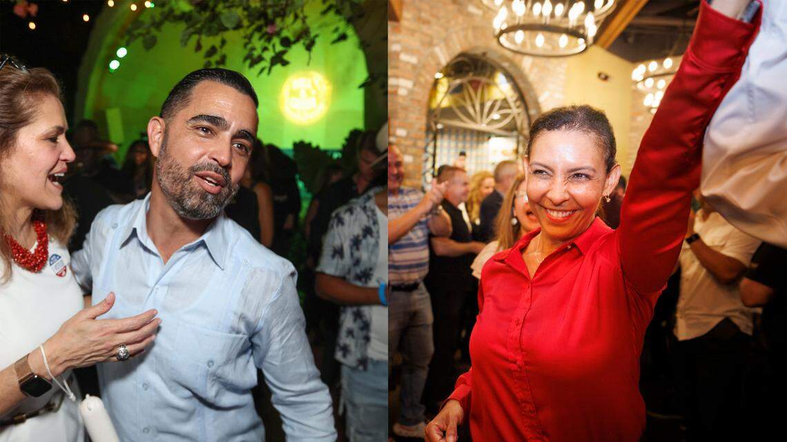 Democrat James Reyes, left, and Republican Rosanna ‘Rosie’ Cordero-Stutz, right, will face off in November’s general election for Miami-Dade Sheriff. They were celebrating Tuesday night, Aug. 20, 2024, after results from the primary came in. Reyes was at Ball & Chain in Little Havana while Cordero-Stutz was at Sergio’s in Doral.