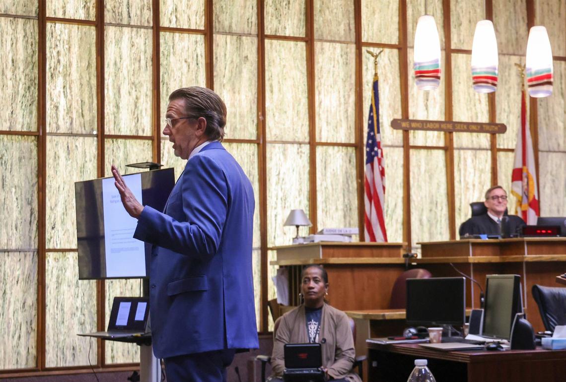 State attorney Timothy M. VanderGiesen gives the State’s closing argument as Judge Miguel M. de la O, right, listens inside Courtroom 4-1 at the Richard E. Gerstein Justice Building on Monday, September 30, 2024, in Miami, Florida.