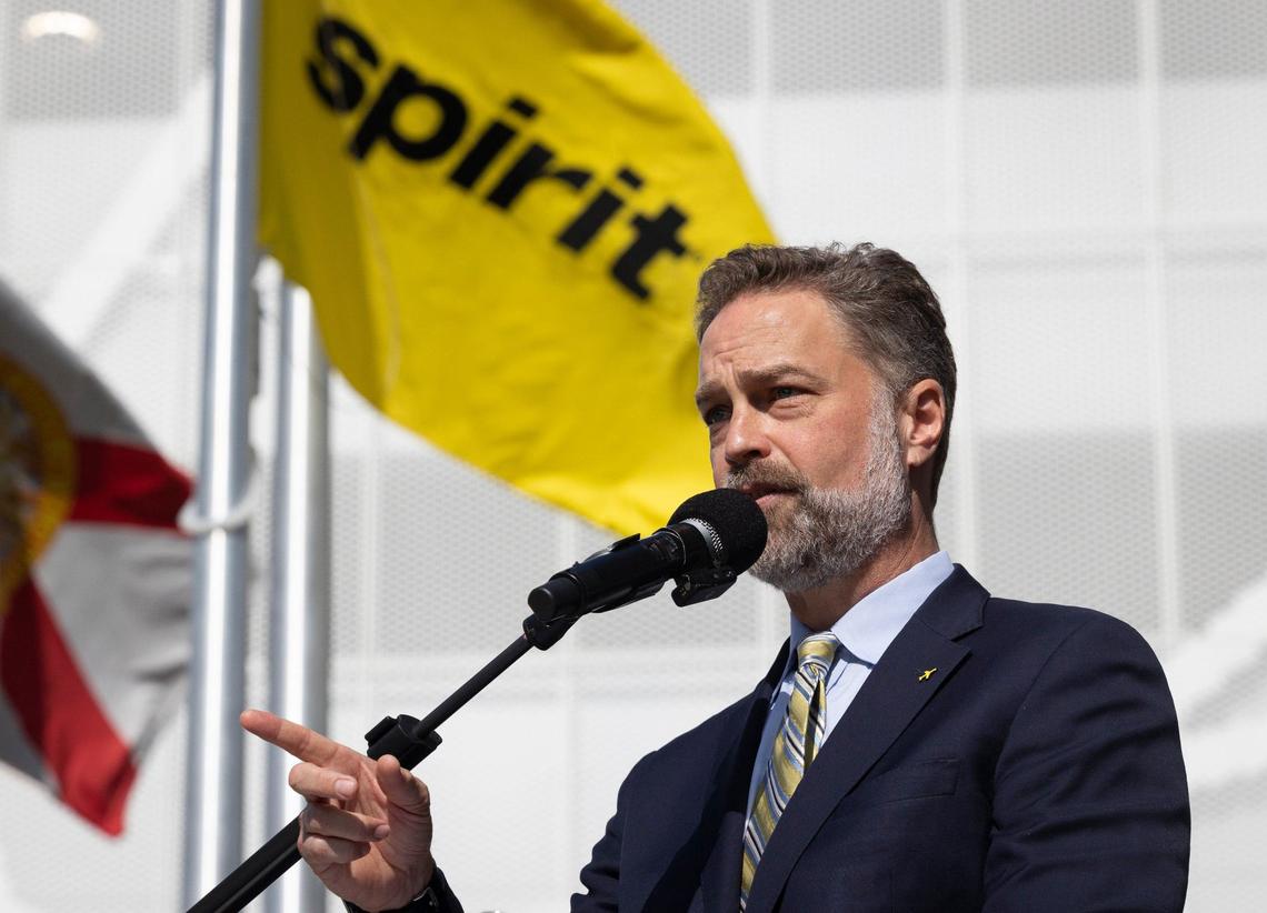 Spirit Airlines CEO Ted Christie speaks during the opening of Spirit Airlines new campus on Thursday, April 18, 2024, at Dania Pointe in Dania Beach.