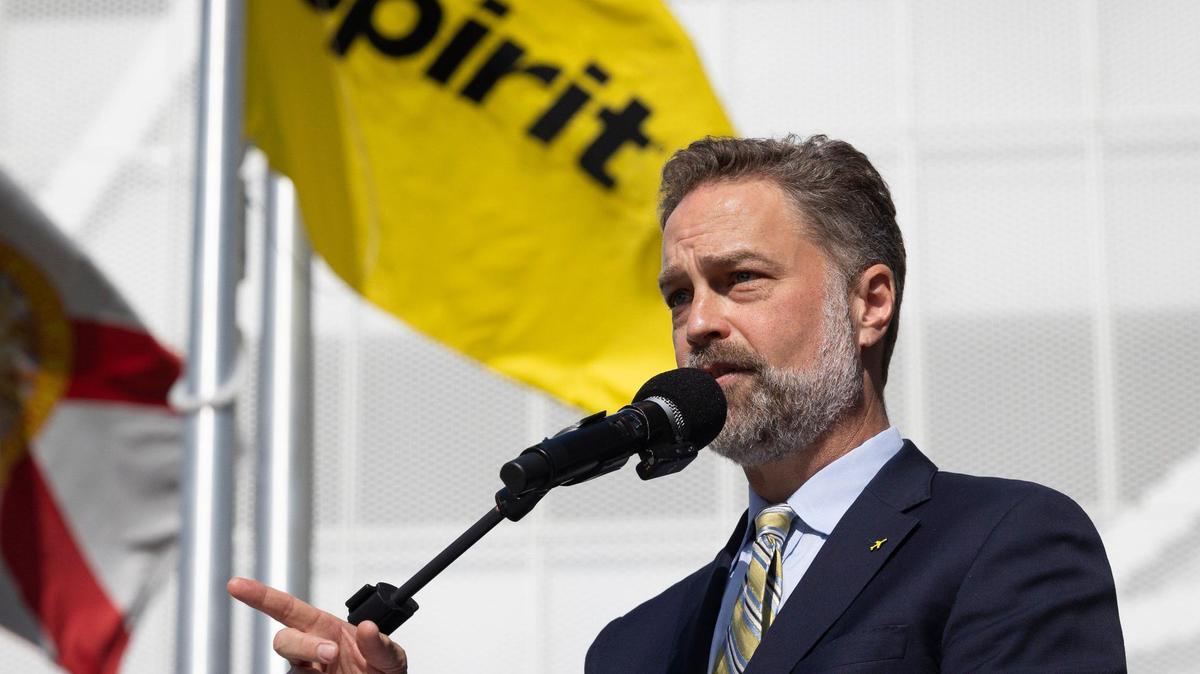 Spirit Airlines CEO Ted Christie speaks during the opening of Spirit Airlines new campus on Thursday, April 18, 2024, at Dania Pointe in Dania Beach.