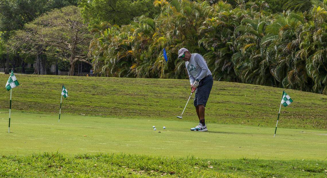 A golfer gets ready to take a swing at the Granada Golf Course, in Coral Gables, on Thursday, April 16, 2026.