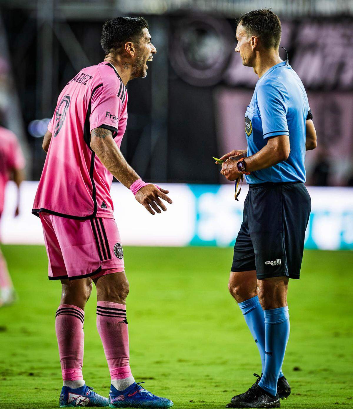 Inter Miami forward Luis Suárez (9) argues with the referee after receiving a yellow card in the second half of their MLS match against Philadelphia Union at Chase Stadium on Saturday, Sept.14, 2024, in Fort Lauderdale, Fla.