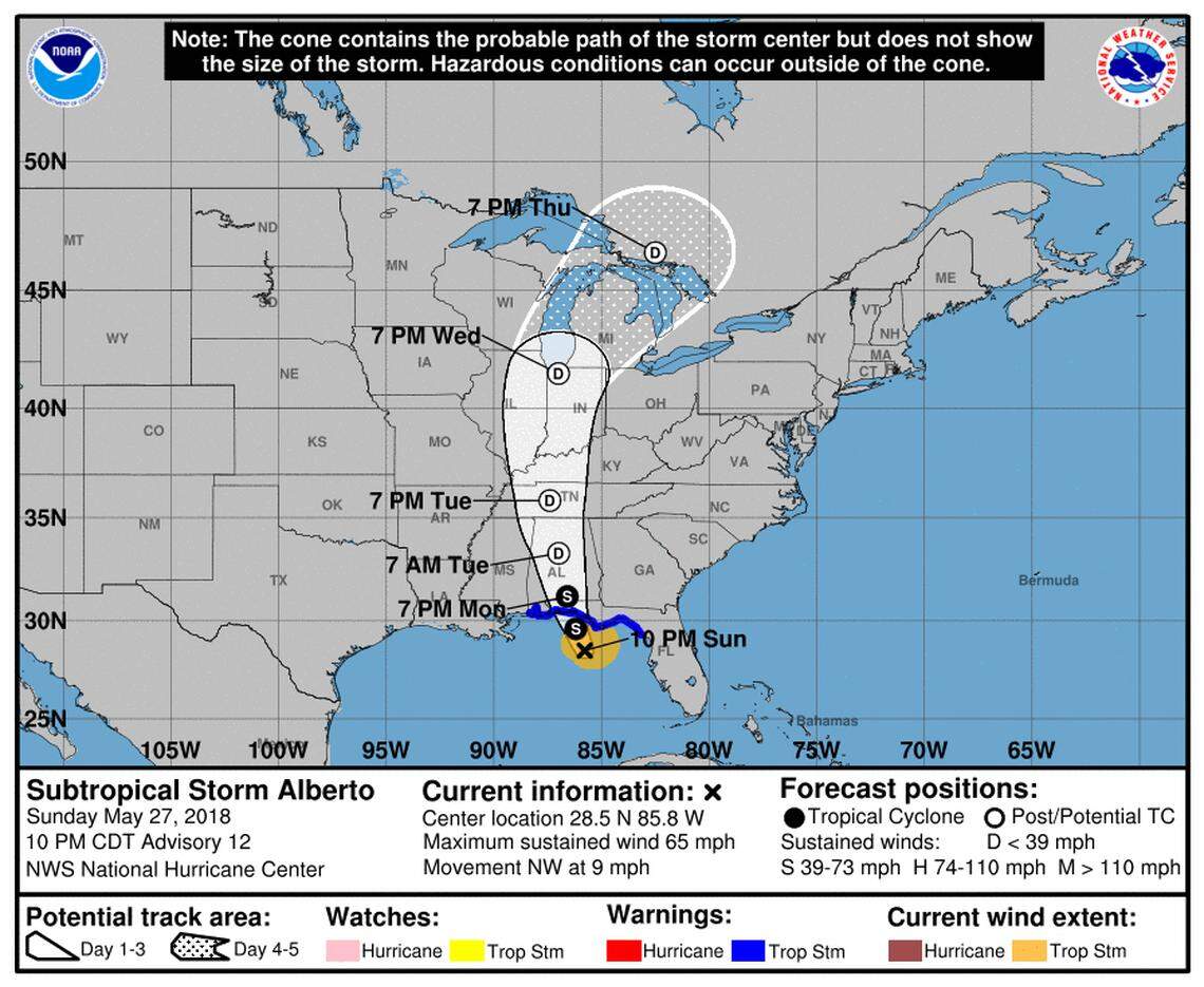 As subtropical storm Alberto moved into the eastern Gulf of Mexico on Sunday, forecasters said the storm is expected to reach the northern Gulf Coast by Sunday night or Monday.