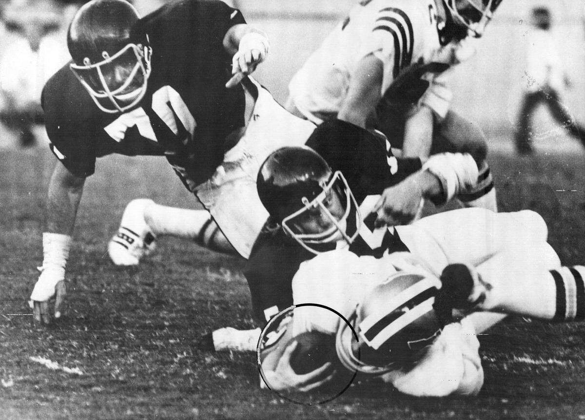 An early 1970s game when UM wore green and FSU had the state of Florida on its helmets.
