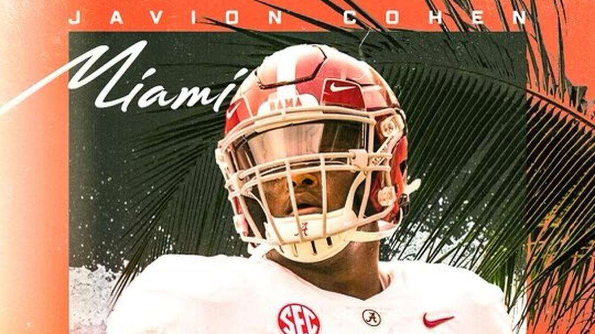 Former Alabama offensive lineman Javion Cohen announced on Sunday, Dec. 18, 2022, that he’s transferring to Miami