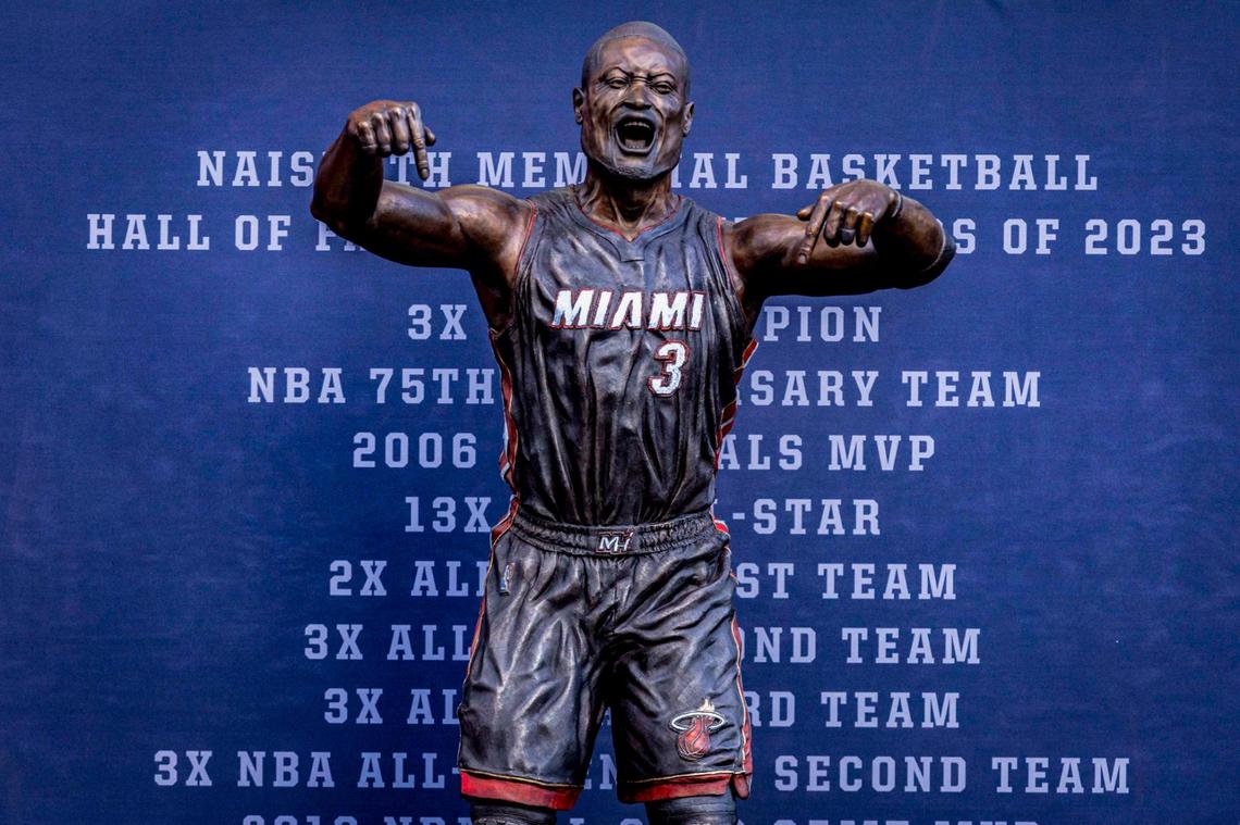 A close up of the newly unveiled Dwyane Wade in front of Kaseya Center.