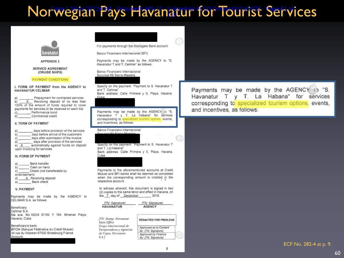 Screenshot of a PowerPoint presentation by Havana Docks’ lawyers filed in a Miami federal court showing financial information included in the contract signed by Norwegian with Havanatur.