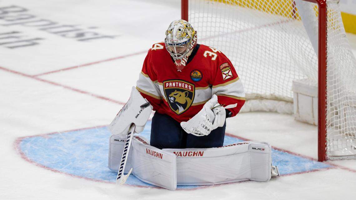 Florida Panthers goaltender Alex Lyon (34) blocks a shot from the Los Angeles Kings during the third period of an NHL game at the FLA Live Arena on Friday, Jan. 27, 2023, in Sunrise, Fla.