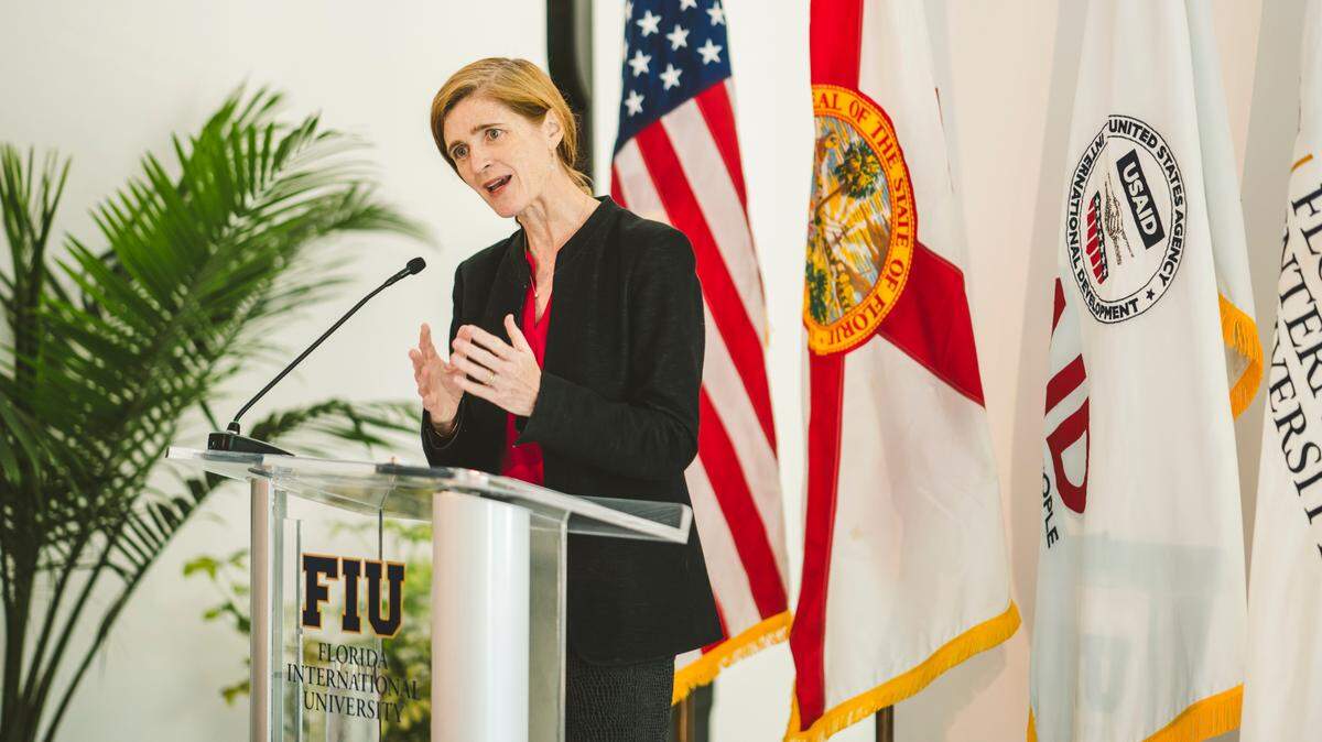 U.S. Agency for International Development Administrator Samantha Power speaks at an event at the Steven J. Green School of International and Public Affairs, on the main West Miami-Dade campus of Florida International University.