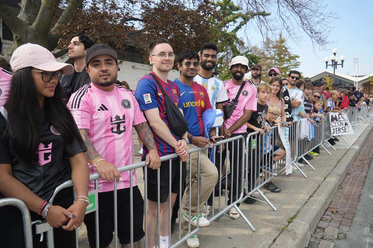 Sep 27, 2025; Toronto, Ontario, CAN; Fans line up outside of the Inter Miami CF players entrance before a match against Toronto FC at BMO Field. Mandatory Credit: John E. Sokolowski-Imagn Images