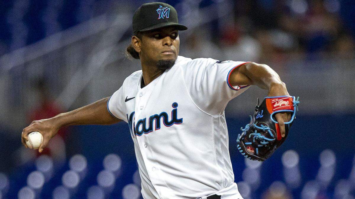 Miami Marlins pitcher Edward Cabrera (27) throws the ball during the second inning of an MLB game against the Philadelphia Phillies at loanDepot park in the Little Havana neighborhood of Miami, Florida, on Wednesday, September 14, 2022.