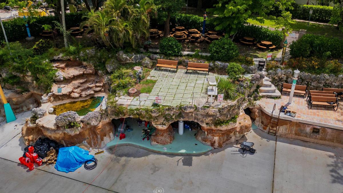 An aerial view of the caves area at the Venetian Pool in Coral Gables, which is currently undergoing renovations, on Tuesday, July 22, 2025.
