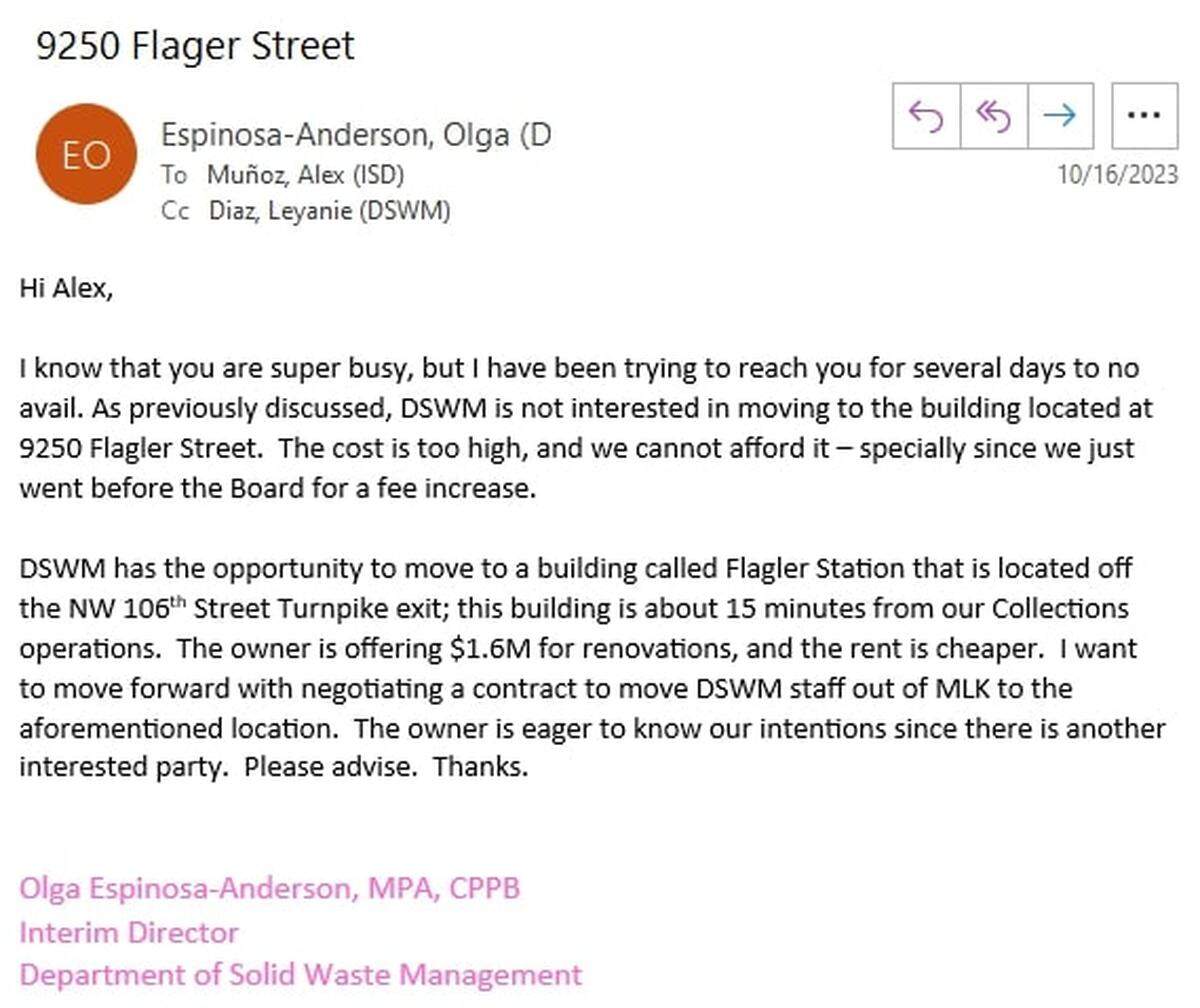 This Oct. 16, 2023, email from Olga Espinosa-Anderson, then head of Miami-Dade’s Solid Waste Management department, shows her objections to an administration plan to include the agency in a plan to purchase an old FPL office complex for a new county center. Espinosa-Anderson wanted to make her case to Alex Muñoz, who oversees real estate for Mayor Daniella Levine Cava, on cheaper office space.