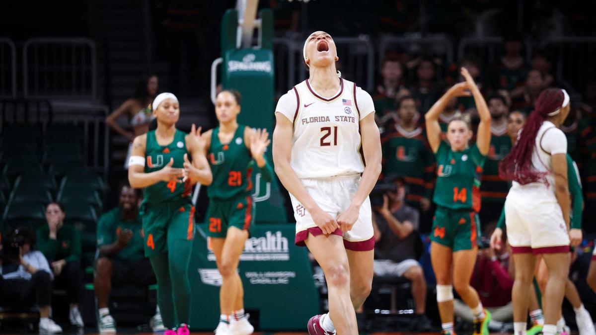 Florida State Seminoles forward Makayla Timpson (21) reacts to pulling ahead in the last few seconds of game during the fourth quarter of a game on Sunday, Feb. 16, 2025, at Wastco Center in Coral Gables, Fla. Florida State Seminoles won 83-82.