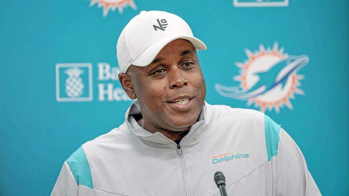 Miami Dolphins general manager Chris Grier speaks to reporters at Baptist Health Training Complex in Miami Gardens on Wednesday, November 2, 2022.