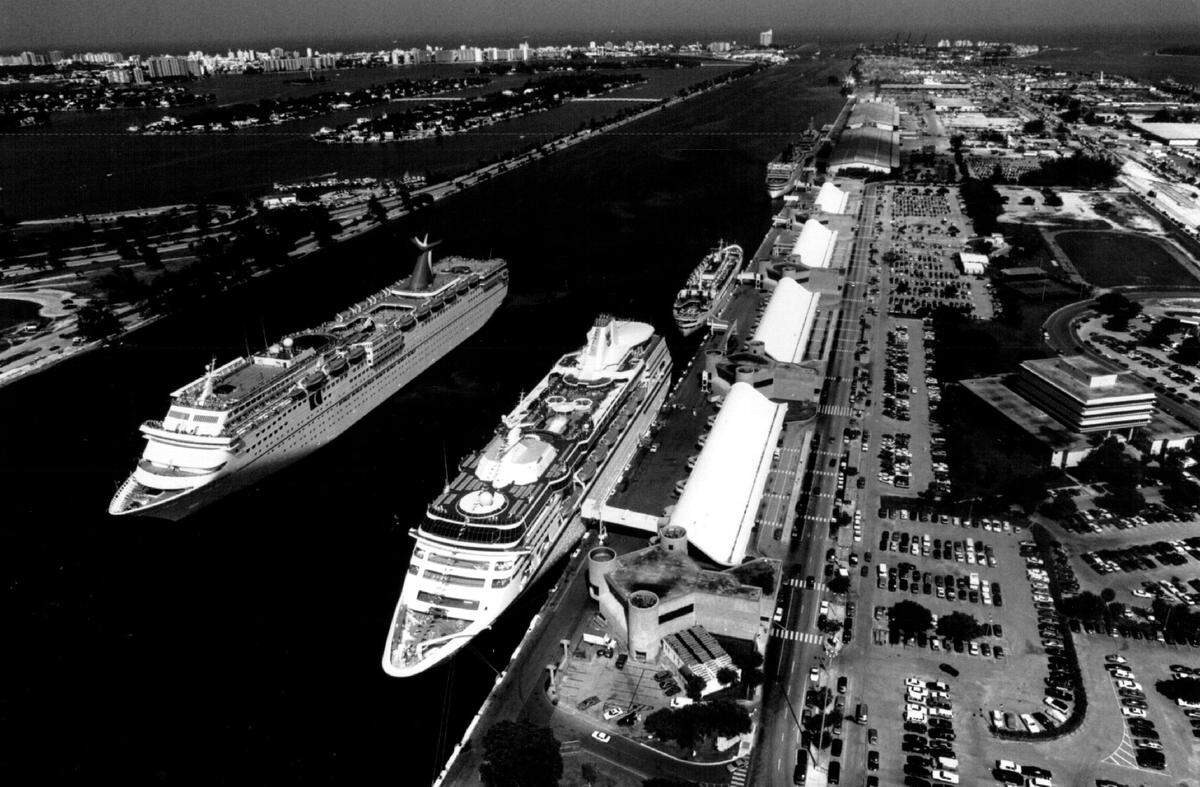 In 1990, tje Miami port added Carnival Cruise Lines’ 2,600-passenger Fantasy, left, and Royal Caribbean Cruise Line’s 1,610-passenger Nordic Empress, center foreground.