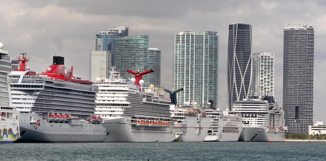 Cruise ships line up at PortMiami in March 2020 just before the COVID-19 pandemic shut down the industry.