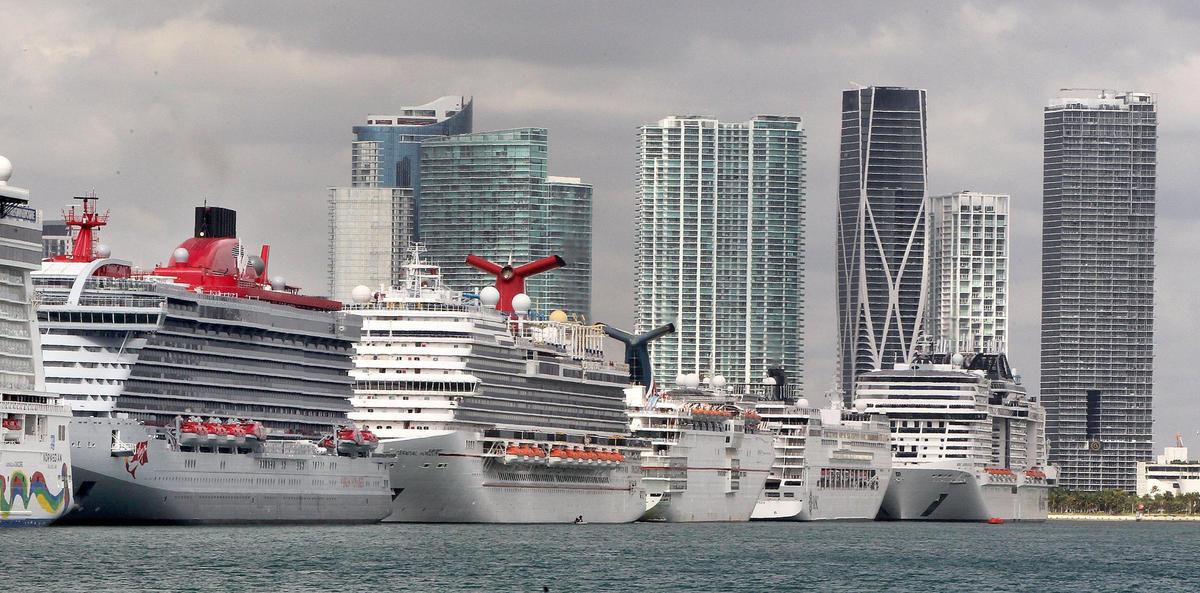Cruise ships line up at PortMiami in March 2020 just before the COVID-19 pandemic shut down the industry.