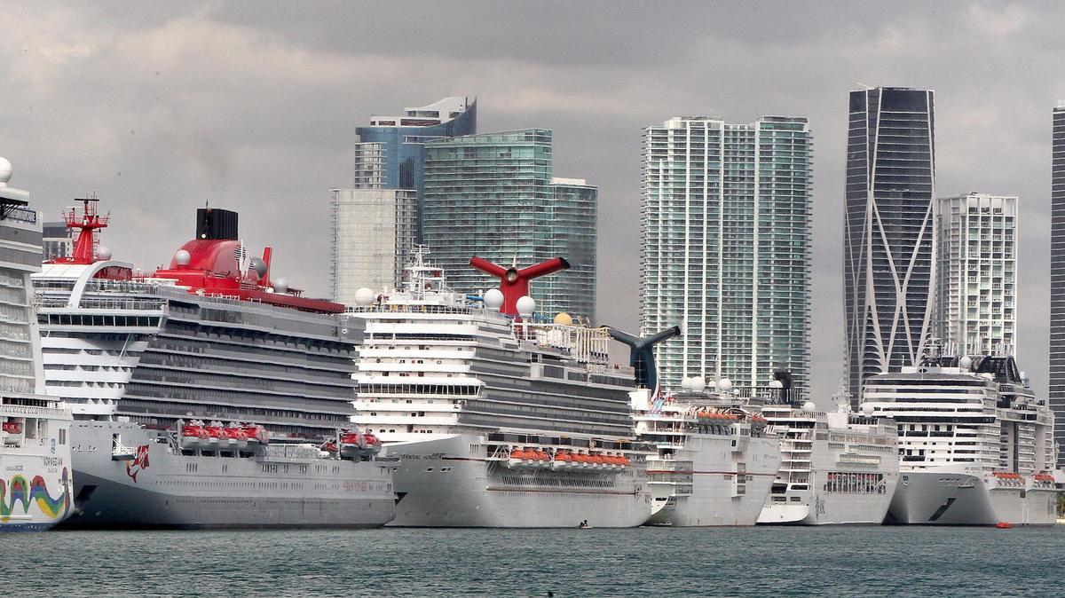 Cruise ships line up at PortMiami in March 2020 just before the COVID-19 pandemic shut down the industry.