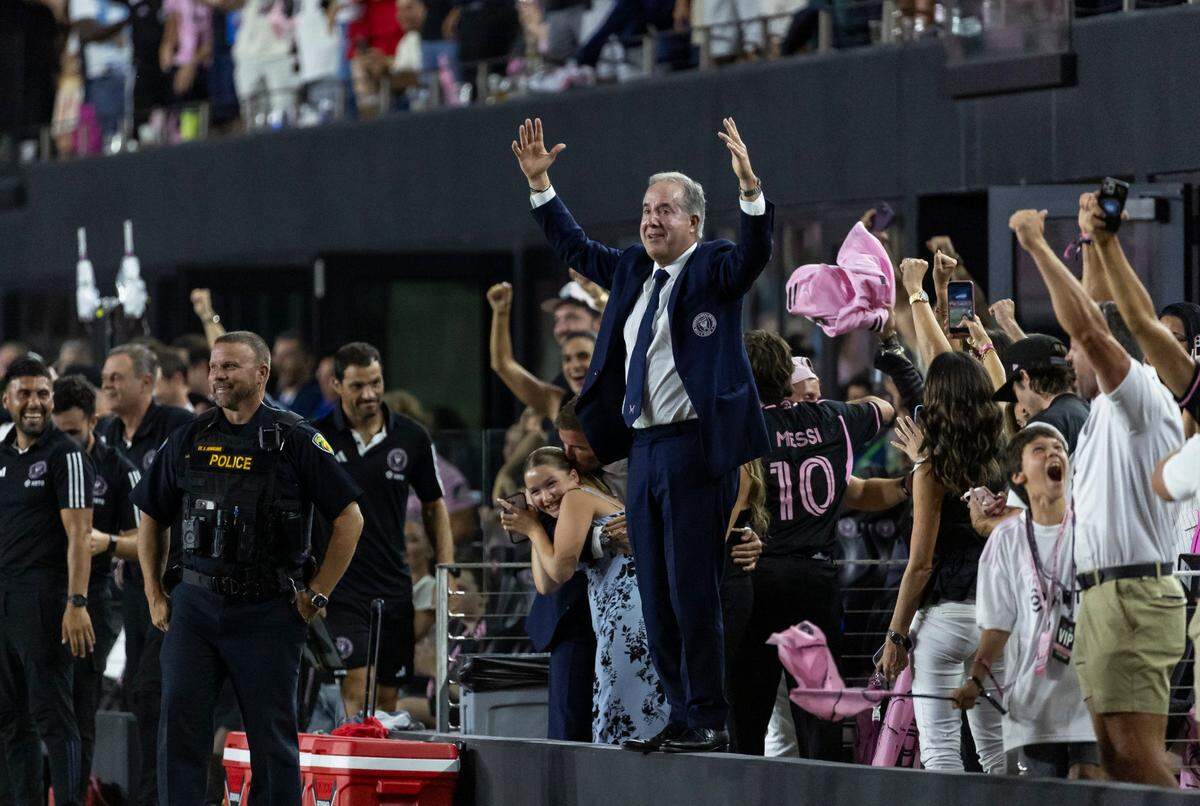 Inter Miami Co-owner Jorge Mas reacts after forward Lionel Messi (10) scored a goal against Cruz Azul in the second half of a Leagues Cup group stage match at DRV PNK Stadium on Friday, July 21, 2023, in Fort Lauderdale, Fla.