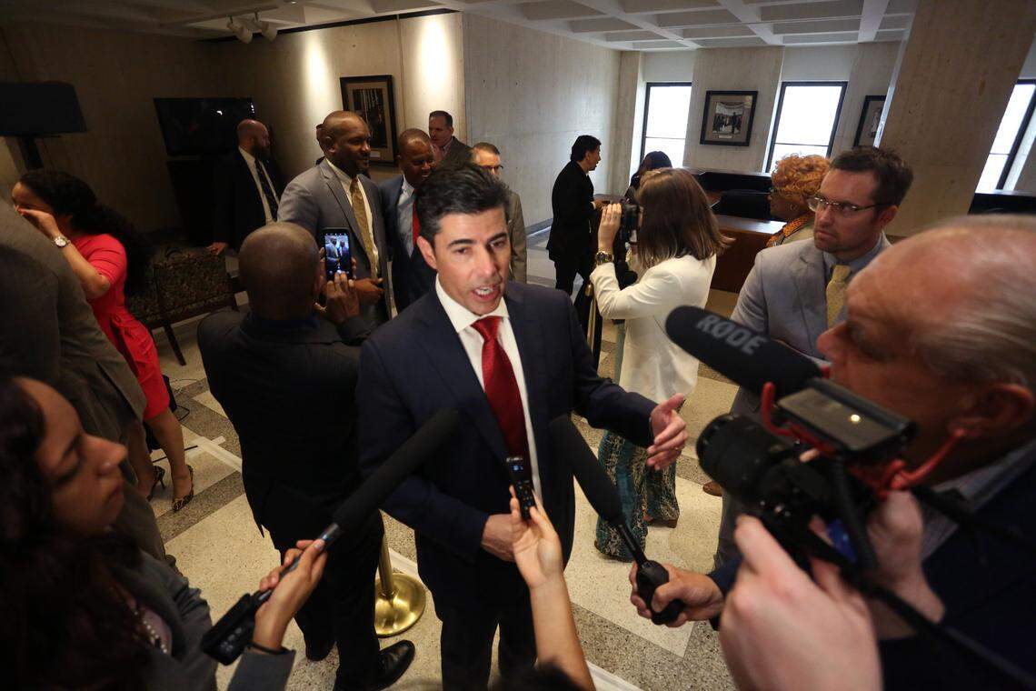 Florida House Speaker José Oliva talks to members of the media after the “sine die” ceremony, Saturday, May 4, 2019 in Tallahassee. “Sine die” is a Latin term that means a meeting is adjourned indefinitely or without a future date.