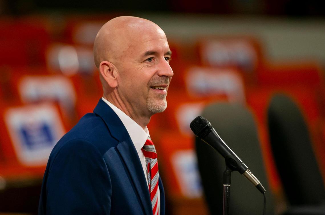 Jacob Oliva, a senior chancellor for the Florida Department of Education, participates in a public interview at the school board’s headquarters in downtown Miami, Florida on Monday, January 24, 2022. Olivia, a senior chancellor for the Florida Department of Education, is one of three finalist applying for the position of superintendent.