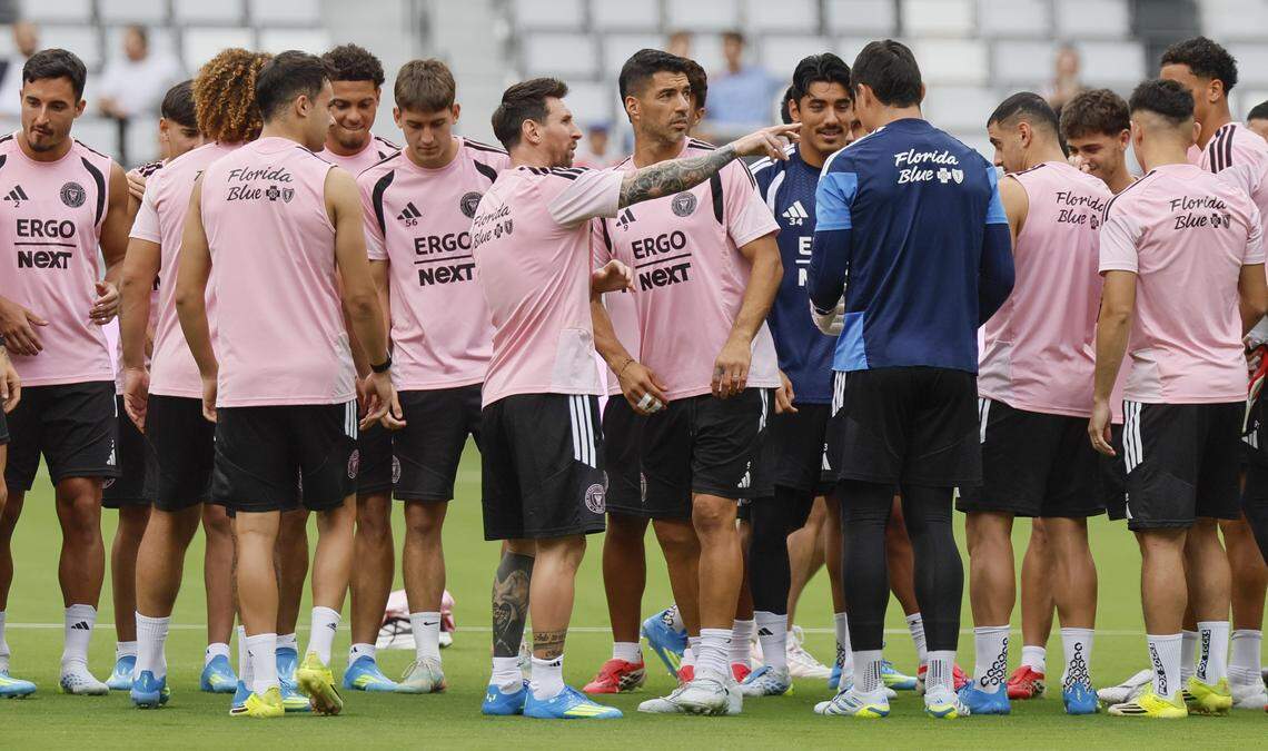 Inter Miami CF forwards Lionel Messi (10) and Luis Suárez (9) take the field with teammates at Nu Stadium at Miami Freedom Park on Thursday, April 2, 2026, in Miami.