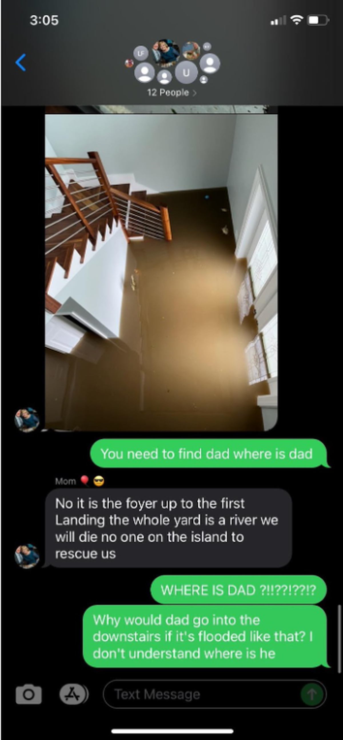 Text conversations among Jennifer Sawyer and her family as she tried to communicate with her parents, who were stuck on Sanibel Island after Hurricane Ian churned through.