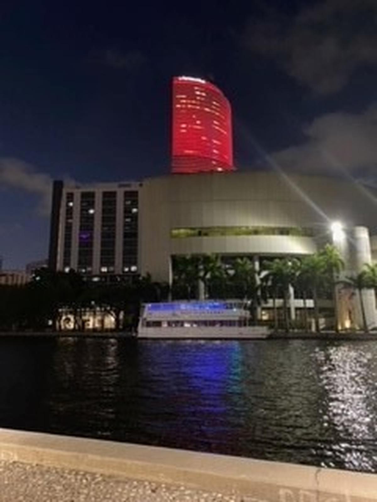 The Poseidon Ferry in Miami at night.