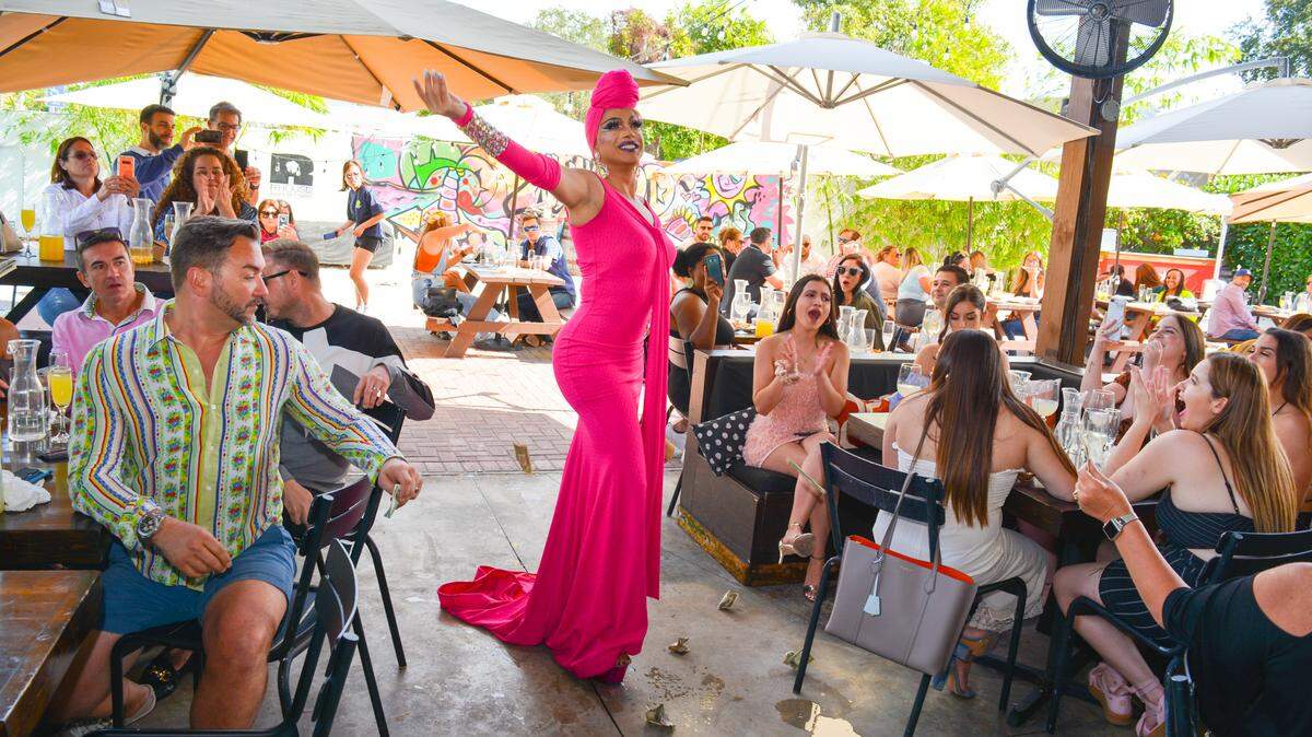 A drag performer and the crowd at R House Wynwood, which was just named one of the best brunches in the country.