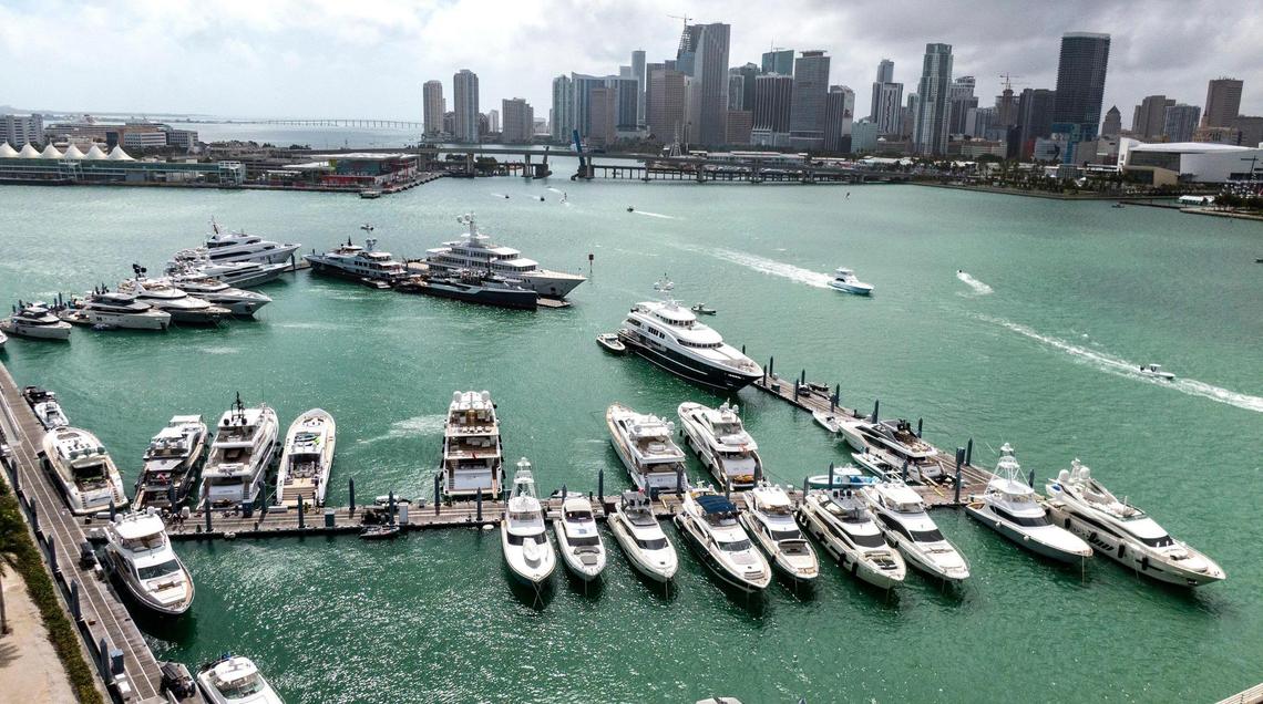 View of superyachts docked at Island Gardens Marina during the Miami International Boat Show on Thursday, Feb. 17, 2022.