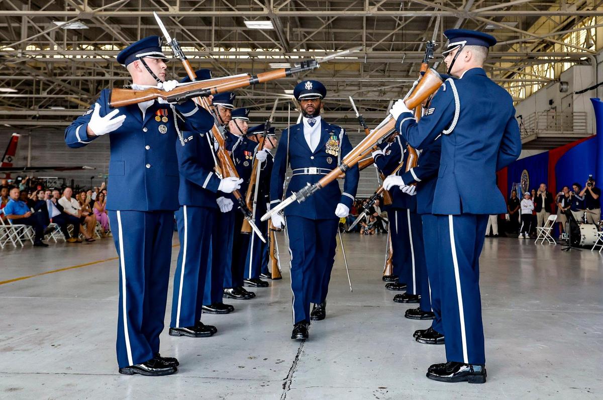 United States Air Force Honor Guard perform during the National Salute to America’s Heroes presented by Hyundai Air & Sea Show/U.S. Army Salute Fest at the US Coast Guard Air Station in Opa-locka, Florida on Friday, May 26, 2023.