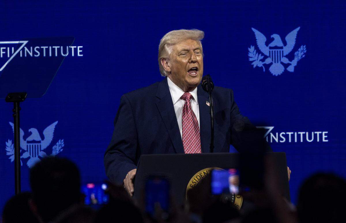 President Donald Trump speaks during the Future Investment Initiative Priority Summit at the Faena Forum in Miami Beach, on Friday, March 27, 2026.