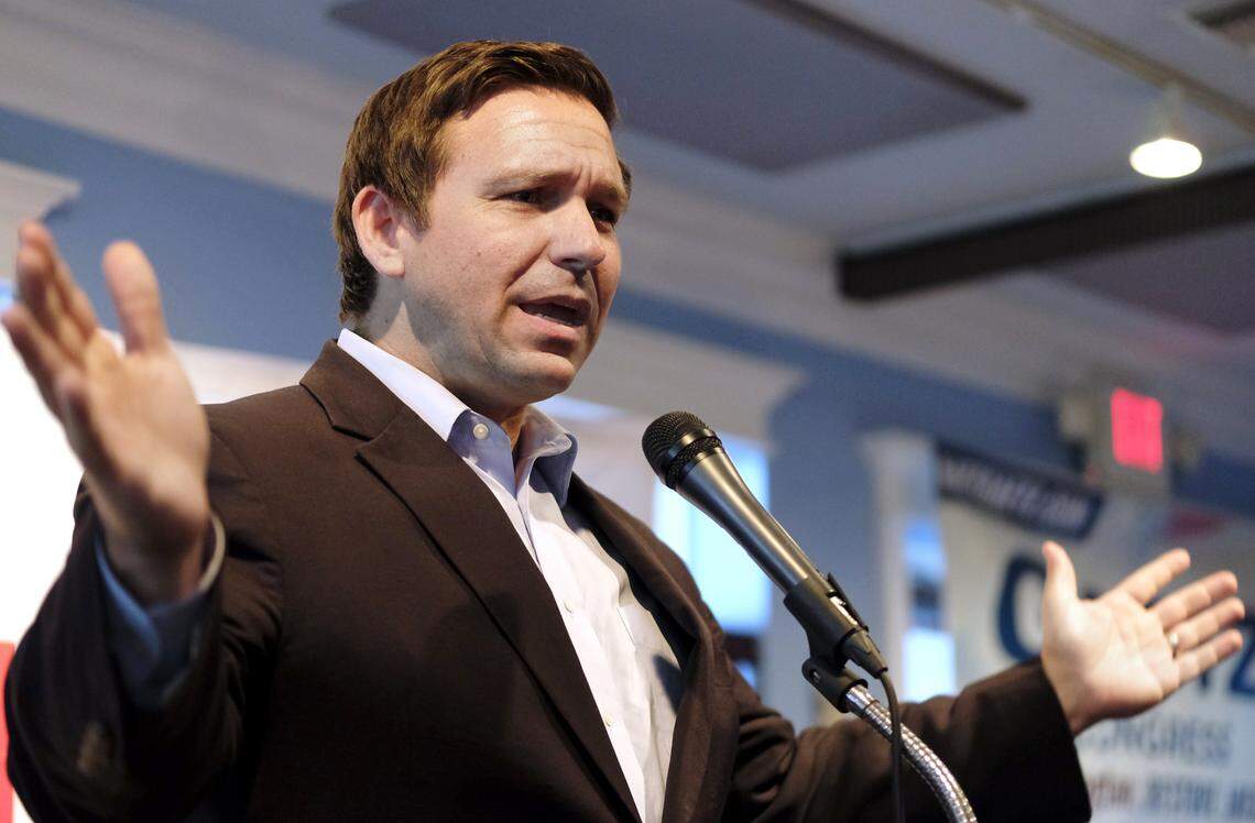 Florida Republican gubernatorial candidate Ron DeSantis speaks during an afternoon campaign stop at The Compass Rose in Valparaiso, Fla., on Saturday, June 9, 2018, with Rep. Matt Gaetz, R-Fla.