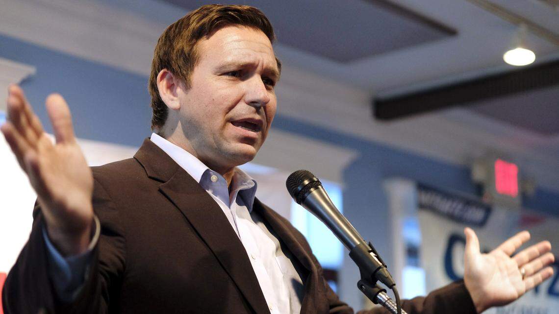 Florida Republican gubernatorial candidate Ron DeSantis speaks during an afternoon campaign stop at The Compass Rose in Valparaiso, Fla., on Saturday, June 9, 2018, with Rep. Matt Gaetz, R-Fla.