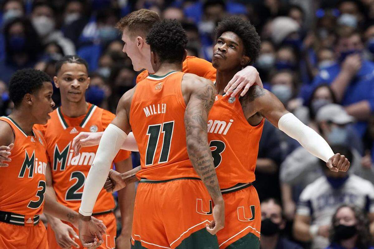 Miami Hurricanes celebrate during the second half of their 76-74 road win over No. 2 Duke on Jan. 8, 2022.