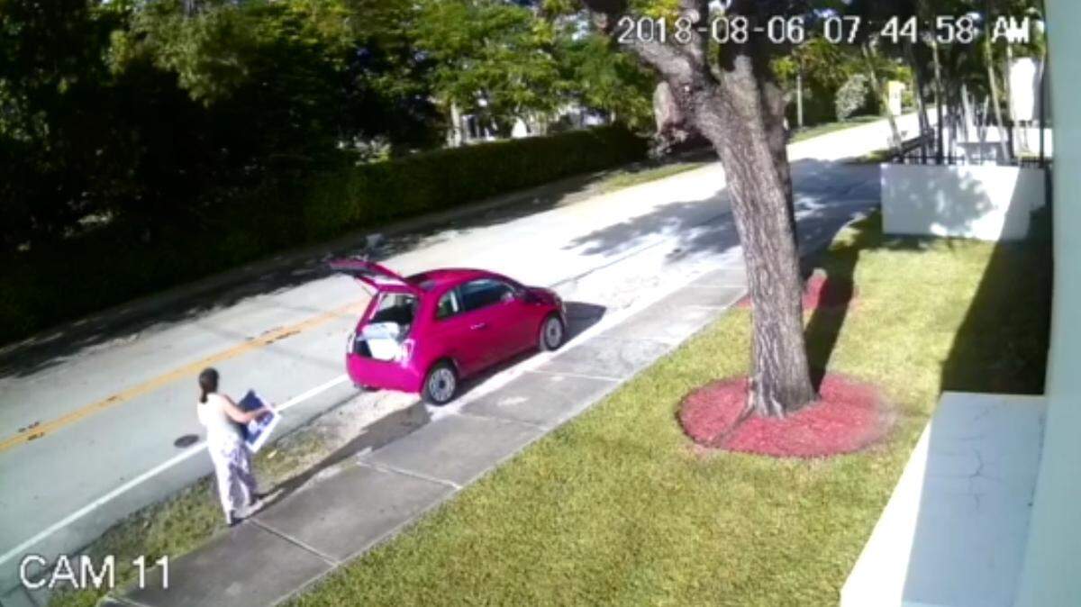 A screen grab from the surveillance footage taken outside Florida House candidate Jose Fernandez’s campaign headquarters in Westchester, which shows a woman stealing the Republican’s campaign signs and loading them into a red Fiat.