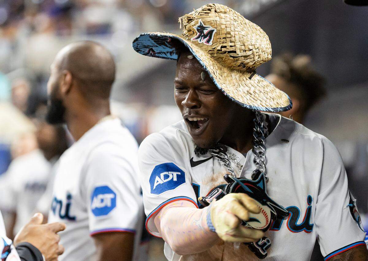 Miami Marlins center fielder Jazz Chisholm Jr. (2) celebrates after hitting a home run against the Los Angeles Dodgers in the eighth inning of an MLB game at loanDepot park on Tuesday, Sept. 5, 2023, in Miami, Fla.