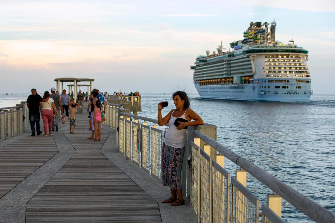 Royal Caribbean International’s Freedom of the Seas cruise ship exits Government Cut as it passes South Pointe Pier for a simulated voyage leaving from PortMiami in Miami, Florida, on Sunday, June 20, 2021. In accordance with CDC requirements, the purpose of the simulation is to observe the cruise line’s multilayered health and safety measures.