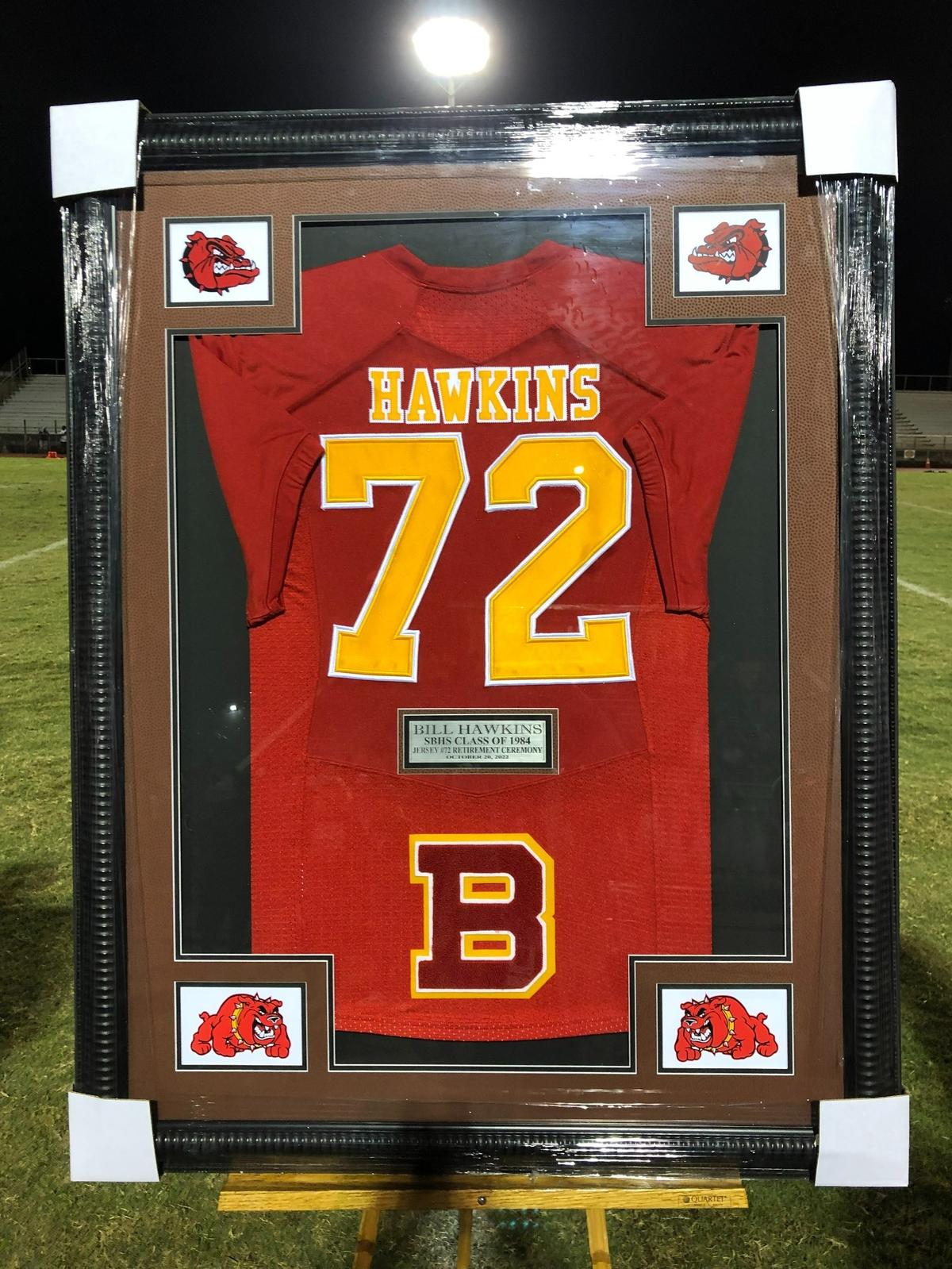 Bill Hawkins, a member of the University of Miami 1987 national championship football team, had his jersey retired by his high school alma mater South Broward on Thursday night at a ceremony during the school’s game against Stoneman Douglas.