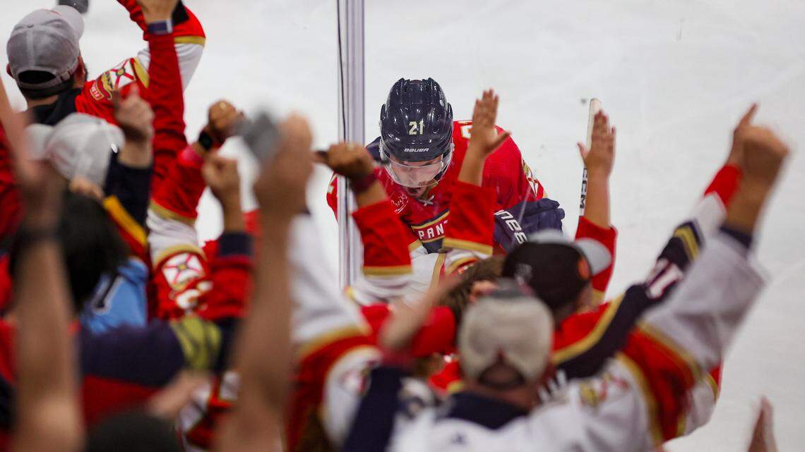 Nov 6, 2023; Sunrise, Florida, USA; Florida Panthers center Nick Cousins (21) reacts after scoring against the Columbus Blue Jackets during the third period at Amerant Bank Arena. Mandatory Credit: Sam Navarro-USA TODAY Sports