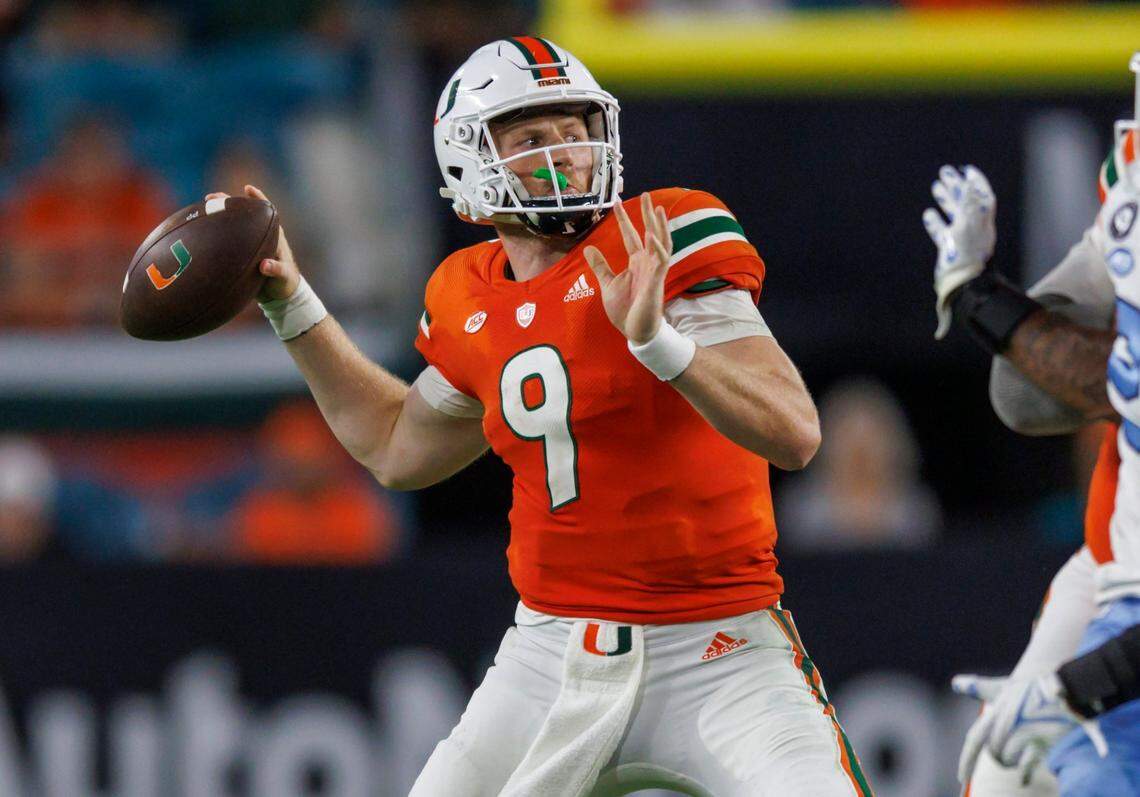 Miami Hurricanes quarterback Tyler Van Dyke (9) sets up to pass during the fourth quarter of an ACC conference football game against North Carolina Tar Heels at Hard Rock Stadium on Saturday, October 8, 2022 in Miami Gardens, Florida..