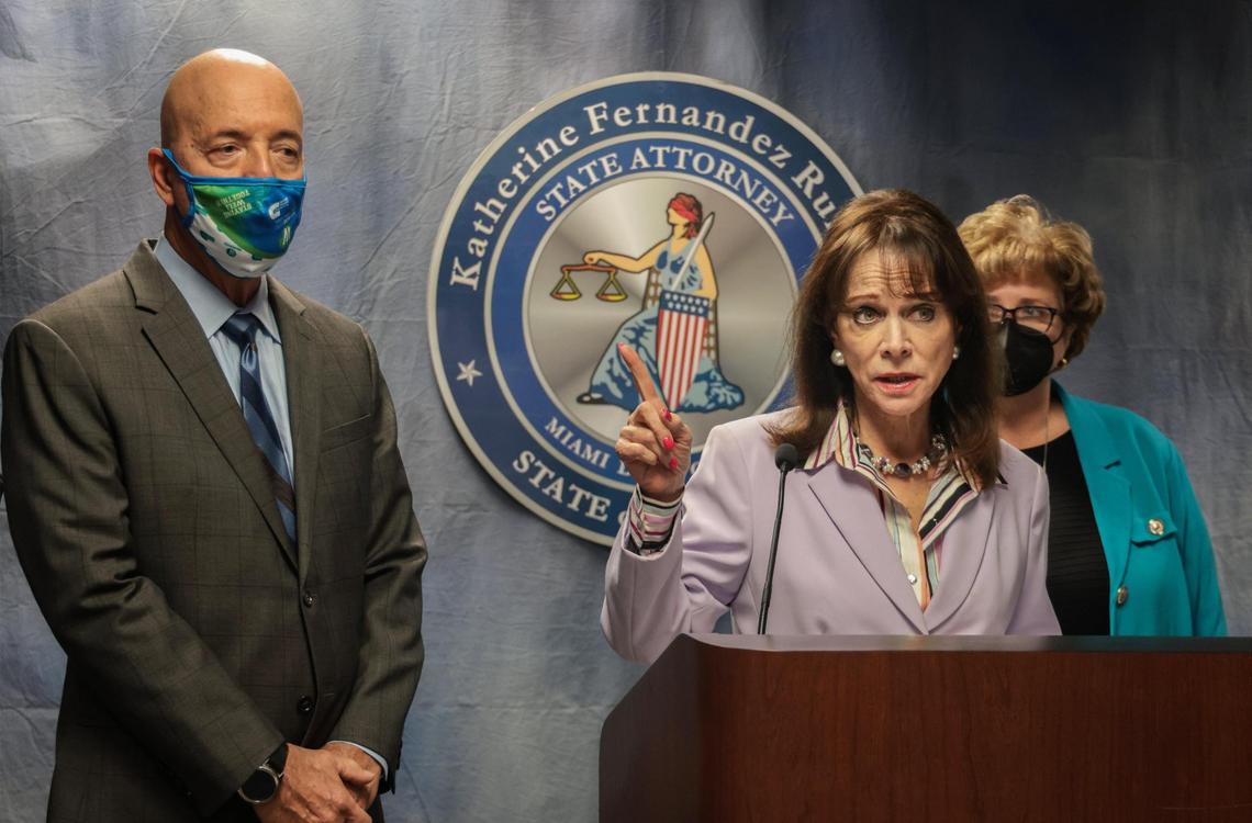 State Attorney Katherine Fernandez Rundle points to the screen as she announces the arrest of three individuals accused of fraud schemes. On Monday, May 2, 2022, a joint press conference was held at the Office of the State Attorney to announce the filing of criminal charges against 3 people who allegedly manipulated the Miami-Dade County grant awarding process for $640,000 while utilizing the prestige of a commissioner’s office. On the left is Miami-Dade County Inspector General Felix Jimenez.