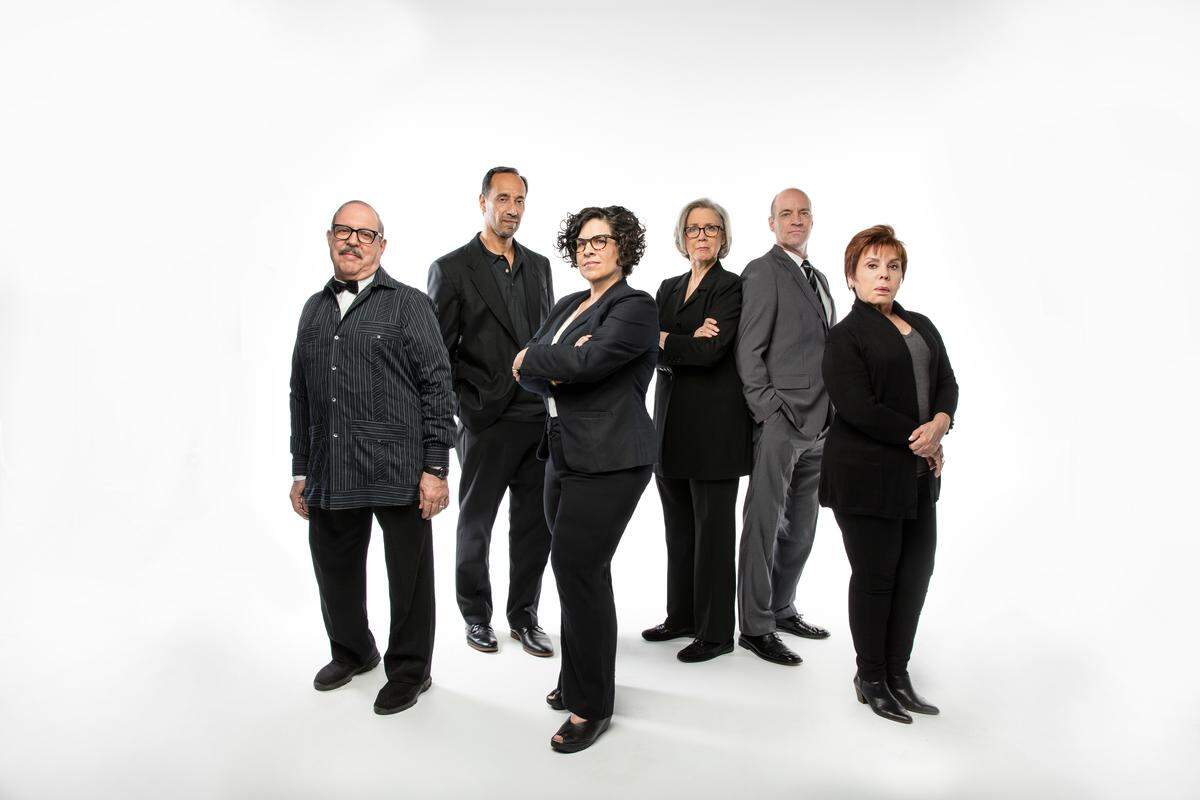 James Puig, Phillip Hernandez, Carmen Pelaez, Carole Monferdini, Tom Wahl and Vivian Ruiz play art world figures in the Miami New Drama world premiere of Pelaez’s ‘Fake.’